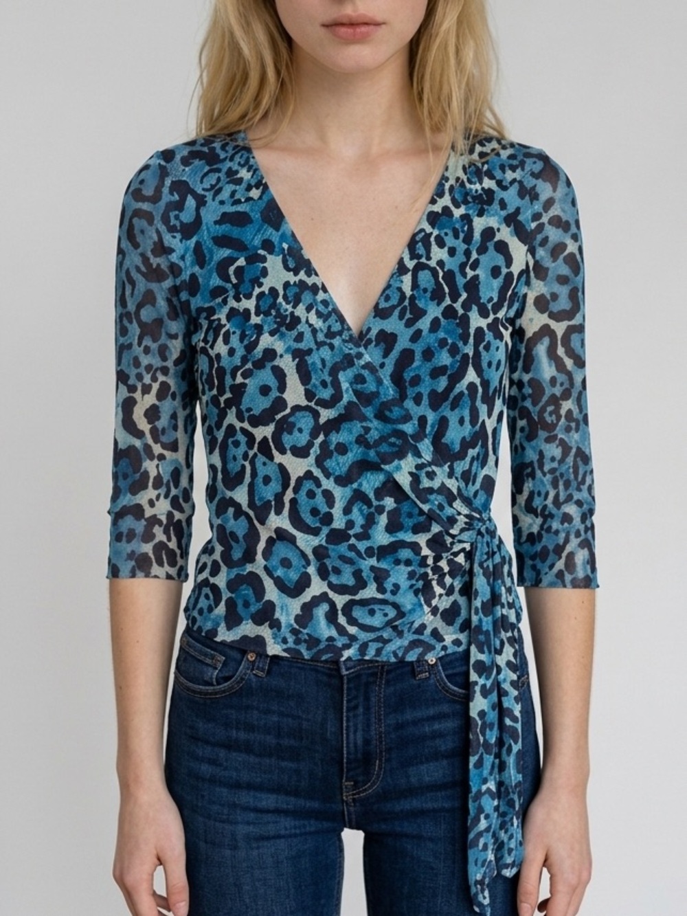 Y2K Blue Leopard Print Wrap Blouse with Side Tie Size Small